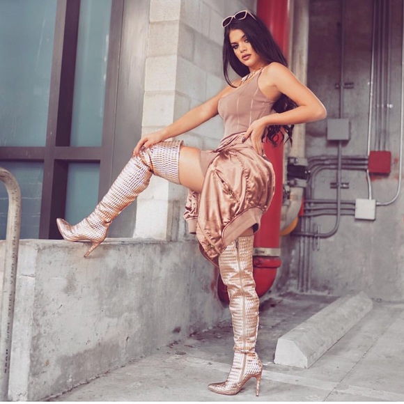 Rose Gold Metallic Textured Knee High Boots - Picture 3 of 7